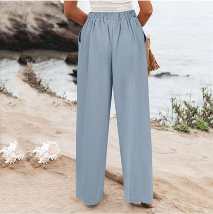 2026 Cross-Border Amazon European and American Summer Comfortable High-Waisted Long Pants with Buttons and Elastic Waist Wide-Leg Pants for Women Casual Straight-Leg Pants