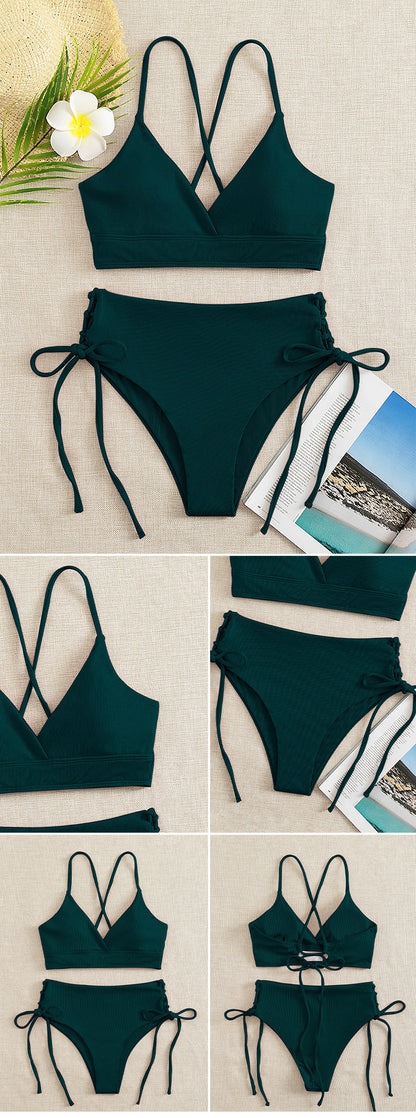 New European and American Swimwear Women Cross-border Solid Color V-neck Sexy Bikini suit High Waist Drawstring Split Swimsuit