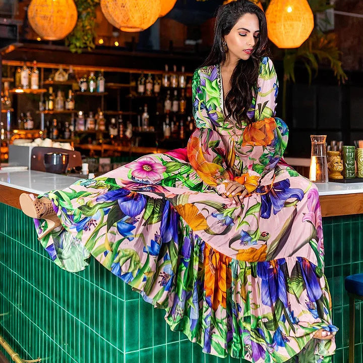 2024 Swimwear Cross-border Explosions Deep V-neck Lantern Long-sleeved Seaside Holiday Printed One-piece Swimsuit suit Women's 25153