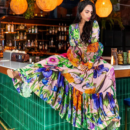 2024 Swimwear Cross-border Explosions Deep V-neck Lantern Long-sleeved Seaside Holiday Printed One-piece Swimsuit suit Women's 25153