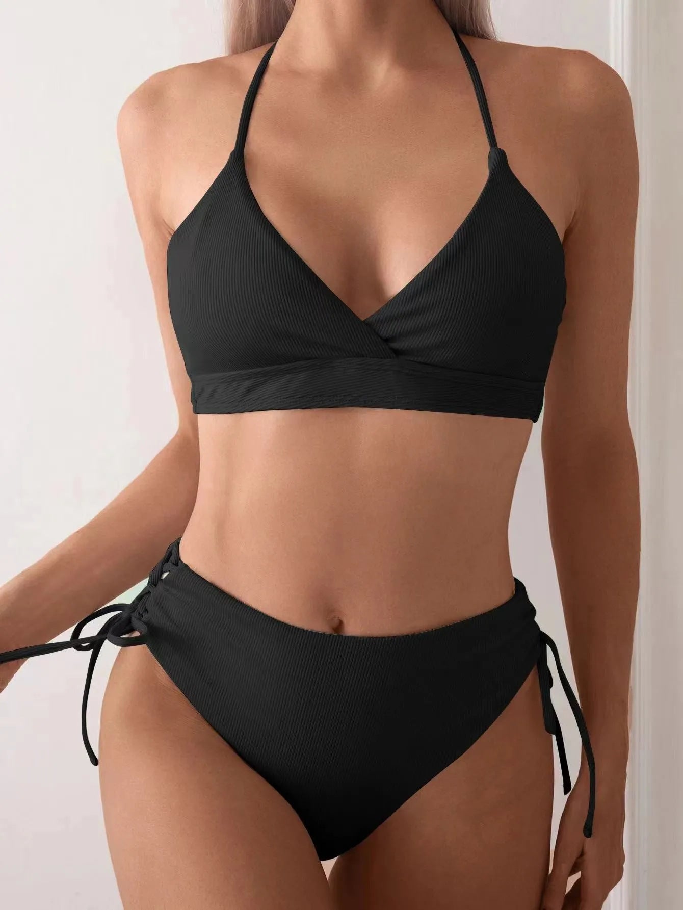 New European and American Swimwear Women Cross-border Solid Color V-neck Sexy Bikini suit High Waist Drawstring Split Swimsuit