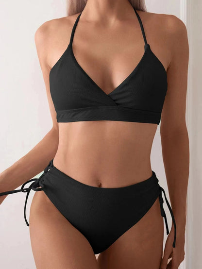 New European and American Swimwear Women Cross-border Solid Color V-neck Sexy Bikini suit High Waist Drawstring Split Swimsuit