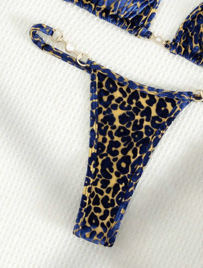 2025 European and American New Sexy T-Shaped Pearl Leopard Print Special Fabric Swimsuit Bikini Bikini Cross-Border