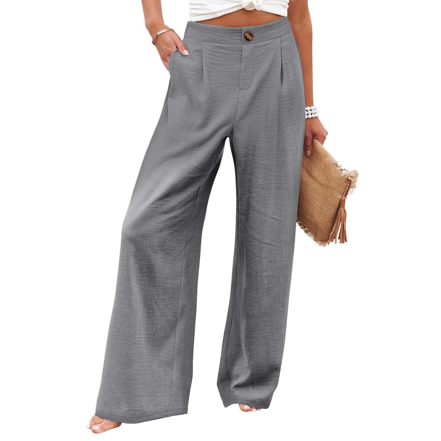 2026 Cross-Border Amazon European and American Summer Comfortable High-Waisted Long Pants with Buttons and Elastic Waist Wide-Leg Pants for Women Casual Straight-Leg Pants