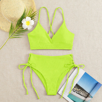 New European and American Swimwear Women Cross-border Solid Color V-neck Sexy Bikini suit High Waist Drawstring Split Swimsuit