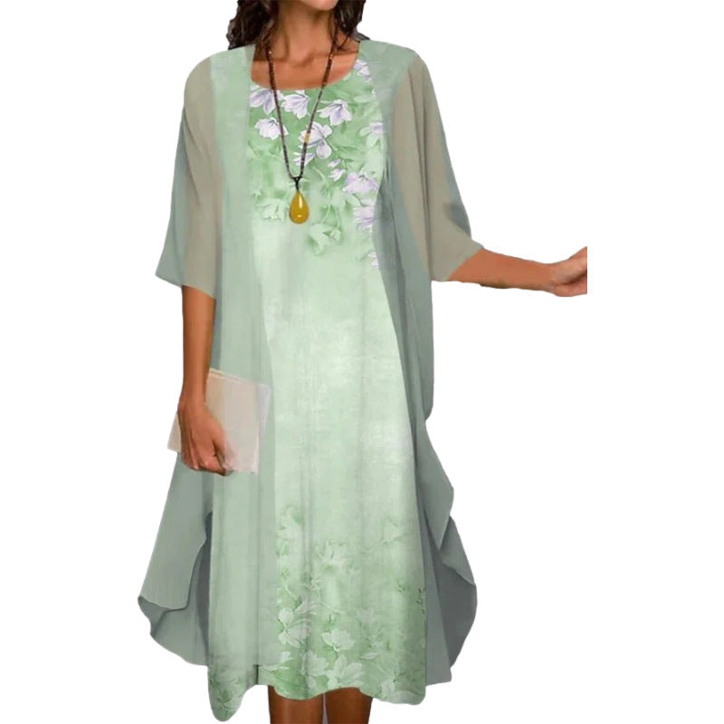 2024 European and American Amazon Summer Women's Casual dress Two-Piece Flower-Print Round Neck Slim-Fit Dress Women