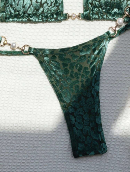 2025 European and American New Sexy T-Shaped Pearl Leopard Print Special Fabric Swimsuit Bikini Bikini Cross-Border