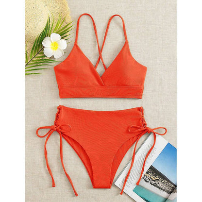 New European and American Swimwear Women Cross-border Solid Color V-neck Sexy Bikini suit High Waist Drawstring Split Swimsuit