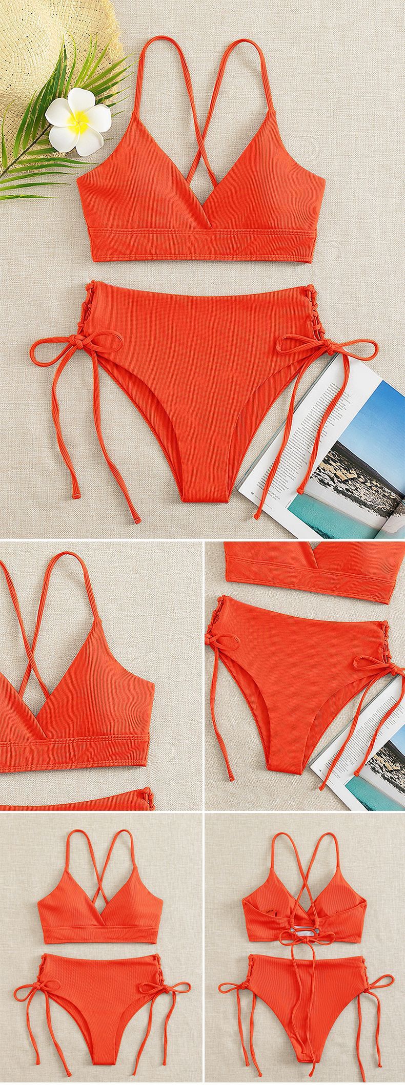 New European and American Swimwear Women Cross-border Solid Color V-neck Sexy Bikini suit High Waist Drawstring Split Swimsuit
