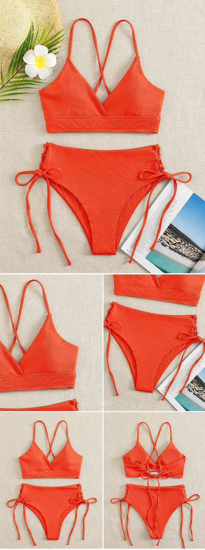 New European and American Swimwear Women Cross-border Solid Color V-neck Sexy Bikini suit High Waist Drawstring Split Swimsuit