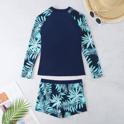 2025 New European and American Foreign Trade Cross-border Swimsuit Women's Long-sleeved Digital Printing Conservative Women's Split Bikini Swimsuit