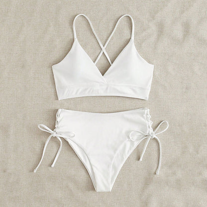 New European and American Swimwear Women Cross-border Solid Color V-neck Sexy Bikini suit High Waist Drawstring Split Swimsuit