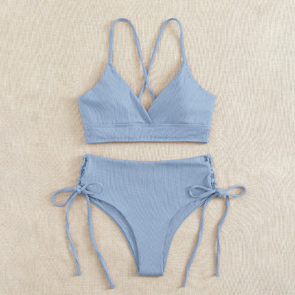 New European and American Swimwear Women Cross-border Solid Color V-neck Sexy Bikini suit High Waist Drawstring Split Swimsuit