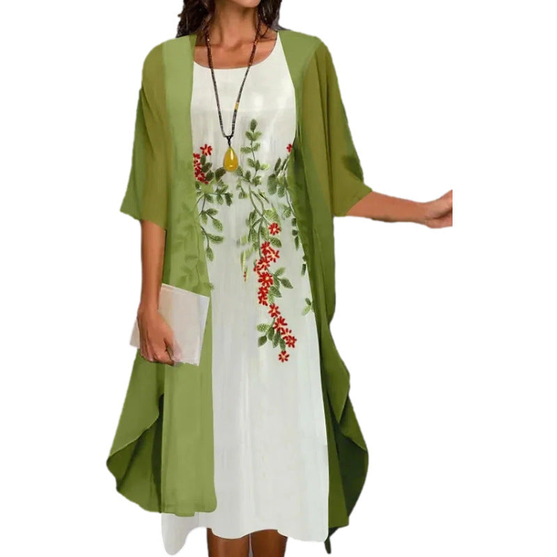 2024 European and American Amazon Summer Women's Casual dress Two-Piece Flower-Print Round Neck Slim-Fit Dress Women