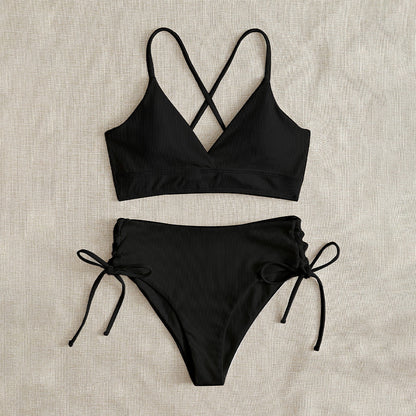 New European and American Swimwear Women Cross-border Solid Color V-neck Sexy Bikini suit High Waist Drawstring Split Swimsuit