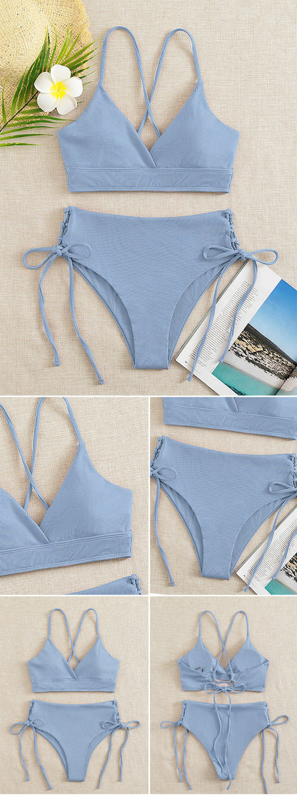 New European and American Swimwear Women Cross-border Solid Color V-neck Sexy Bikini suit High Waist Drawstring Split Swimsuit
