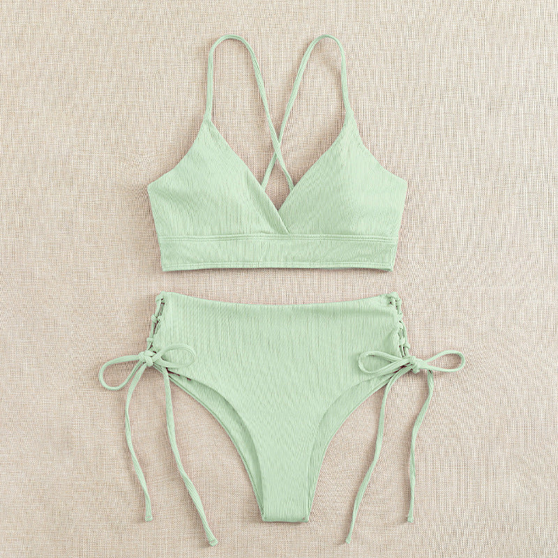 New European and American Swimwear Women Cross-border Solid Color V-neck Sexy Bikini suit High Waist Drawstring Split Swimsuit