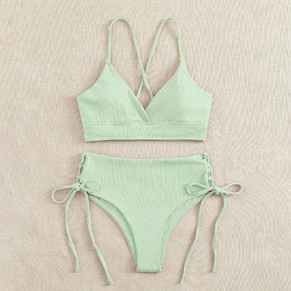 New European and American Swimwear Women Cross-border Solid Color V-neck Sexy Bikini suit High Waist Drawstring Split Swimsuit