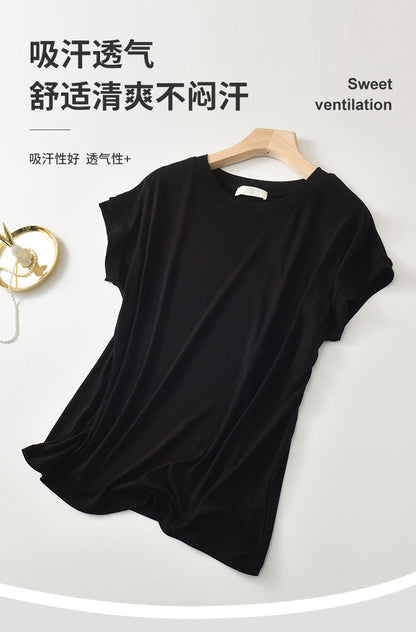 Tiktok batwing sleeve t-shirt women's round neck summer solid color simple small flying sleeve casual all-match loose short sleeve t-shirt women