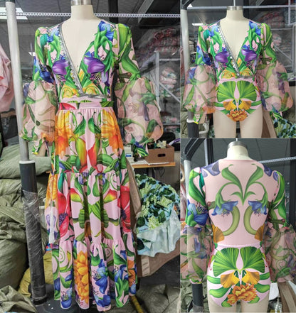 2024 Swimwear Cross-border Explosions Deep V-neck Lantern Long-sleeved Seaside Holiday Printed One-piece Swimsuit suit Women's 25153