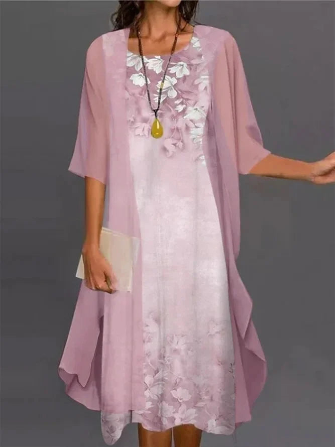 2024 European and American Amazon Summer Women's Casual dress Two-Piece Flower-Print Round Neck Slim-Fit Dress Women