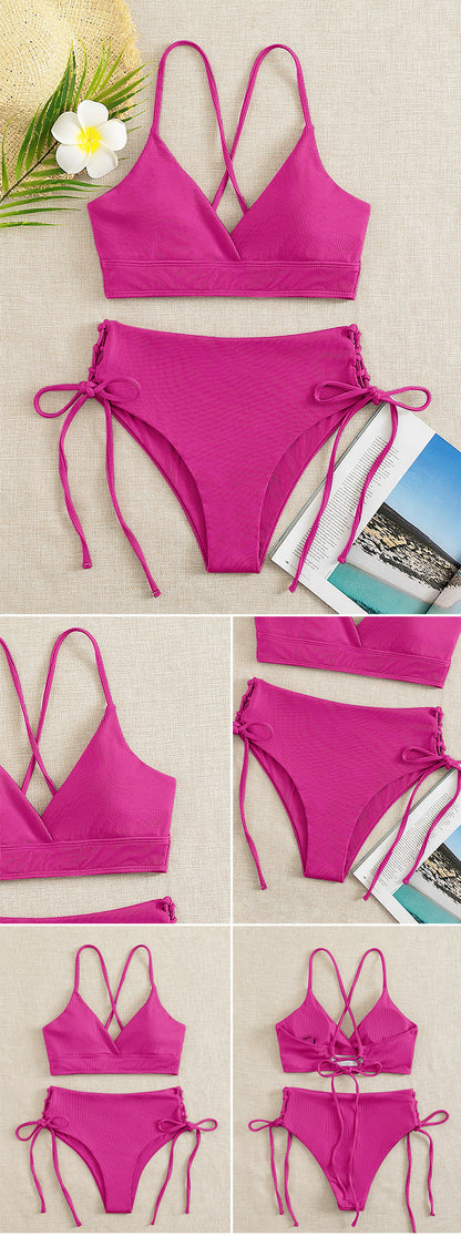 New European and American Swimwear Women Cross-border Solid Color V-neck Sexy Bikini suit High Waist Drawstring Split Swimsuit