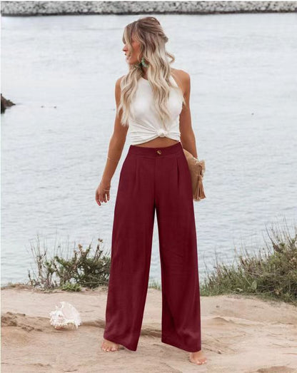 2026 Cross-Border Amazon European and American Summer Comfortable High-Waisted Long Pants with Buttons and Elastic Waist Wide-Leg Pants for Women Casual Straight-Leg Pants