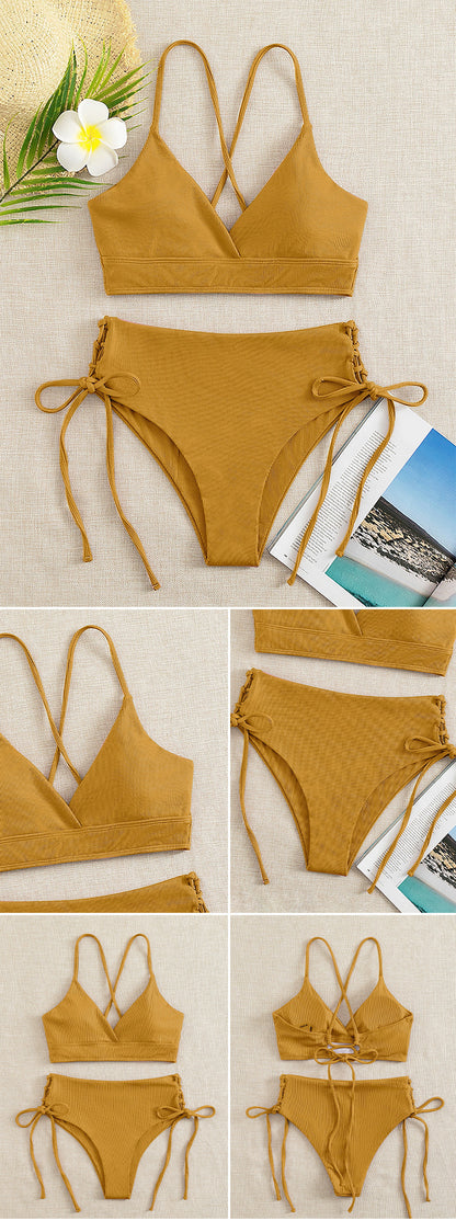 New European and American Swimwear Women Cross-border Solid Color V-neck Sexy Bikini suit High Waist Drawstring Split Swimsuit