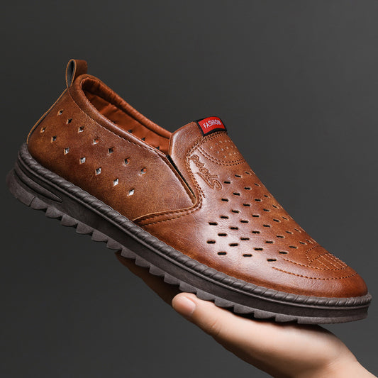 Hollow-Out Leather Shoes for Men, Summer Breathable Soft Leather Low-Top Business Casual Versatile Slip-On Perforated Dad Shoes