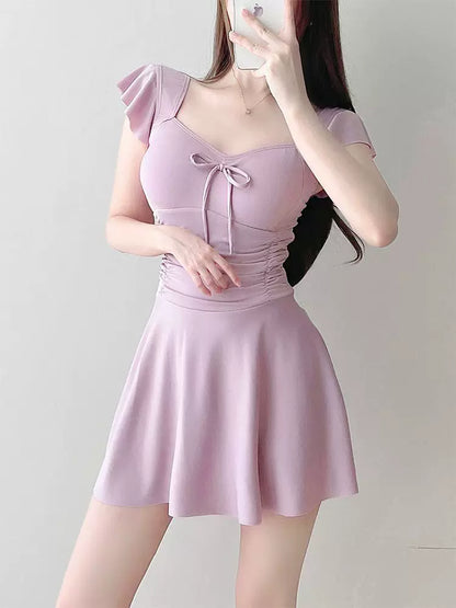 Women's Swimsuit Skirt Style One-Piece Conservative Body-Covering Slimming Look Korean Style Ins Fairy Style Small Breast Push-Up Hot Spring Vacation Swimsuit