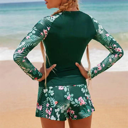2025 New European and American Foreign Trade Cross-border Swimsuit Women's Long-sleeved Digital Printing Conservative Women's Split Bikini Swimsuit