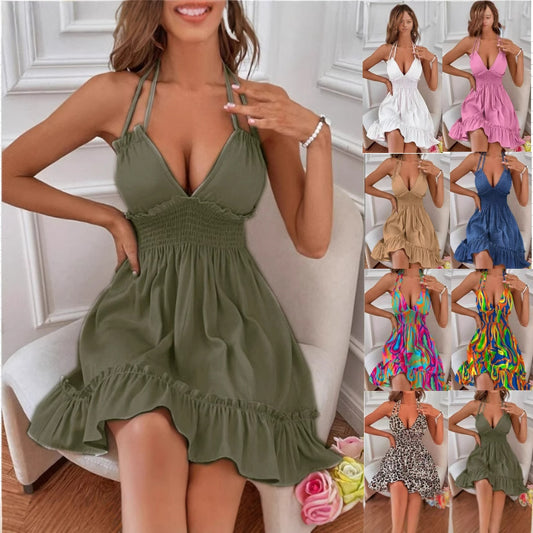 European and American Amazon Cross-Border Popular Women's Clothing Deep V Rope Suspender Parallel Pleated Sexy Dress Beach Degree