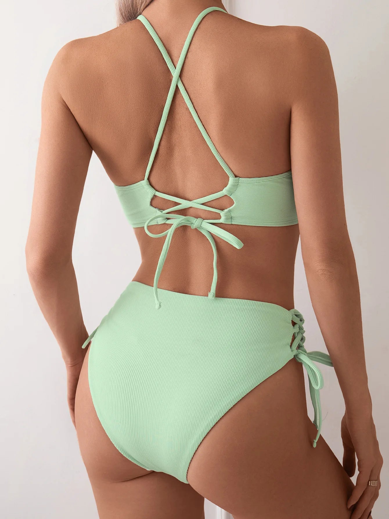 New European and American Swimwear Women Cross-border Solid Color V-neck Sexy Bikini suit High Waist Drawstring Split Swimsuit