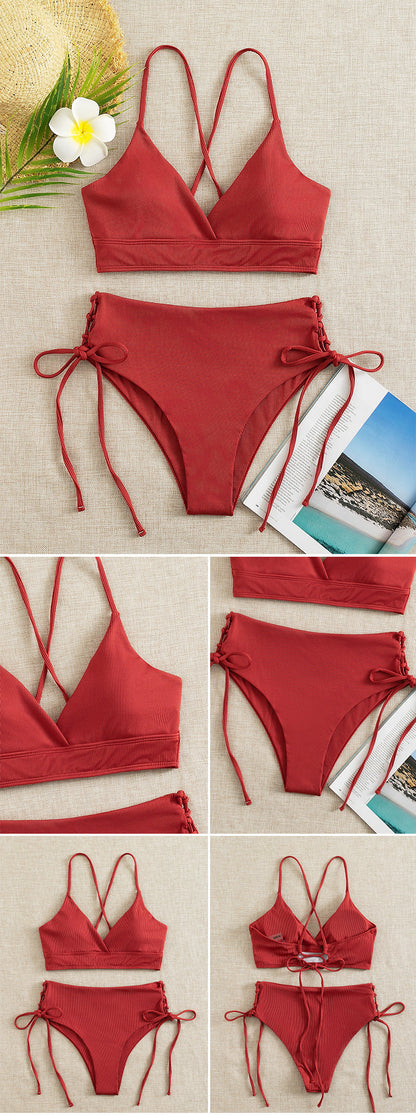 New European and American Swimwear Women Cross-border Solid Color V-neck Sexy Bikini suit High Waist Drawstring Split Swimsuit