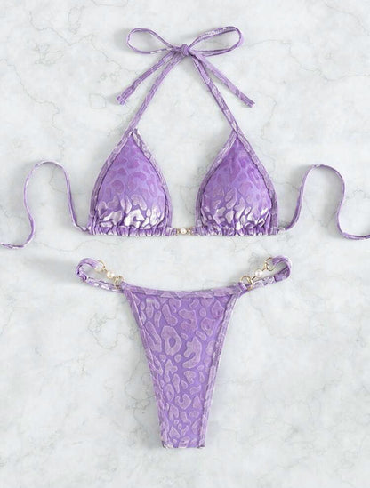 2025 European and American New Sexy T-Shaped Pearl Leopard Print Special Fabric Swimsuit Bikini Bikini Cross-Border