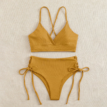 New European and American Swimwear Women Cross-border Solid Color V-neck Sexy Bikini suit High Waist Drawstring Split Swimsuit
