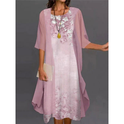 2024 European and American Amazon Summer Women's Casual dress Two-Piece Flower-Print Round Neck Slim-Fit Dress Women