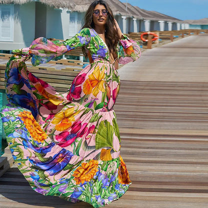 2024 Swimwear Cross-border Explosions Deep V-neck Lantern Long-sleeved Seaside Holiday Printed One-piece Swimsuit suit Women's 25153