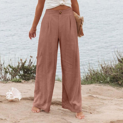 2026 Cross-Border Amazon European and American Summer Comfortable High-Waisted Long Pants with Buttons and Elastic Waist Wide-Leg Pants for Women Casual Straight-Leg Pants