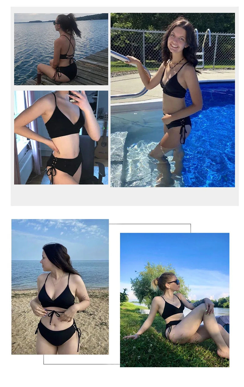 New European and American Swimwear Women Cross-border Solid Color V-neck Sexy Bikini suit High Waist Drawstring Split Swimsuit