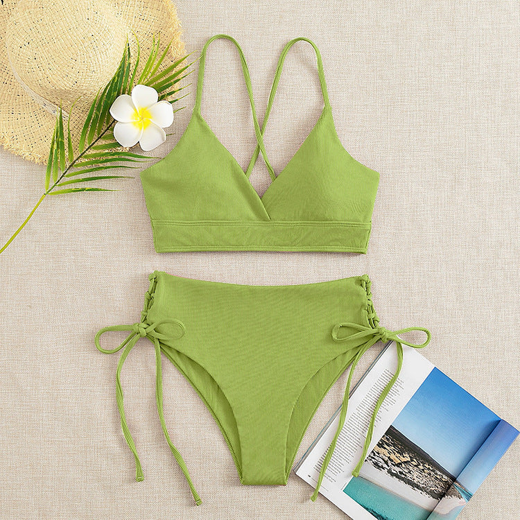 New European and American Swimwear Women Cross-border Solid Color V-neck Sexy Bikini suit High Waist Drawstring Split Swimsuit