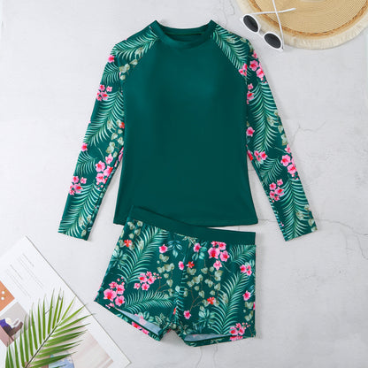 2025 New European and American Foreign Trade Cross-border Swimsuit Women's Long-sleeved Digital Printing Conservative Women's Split Bikini Swimsuit