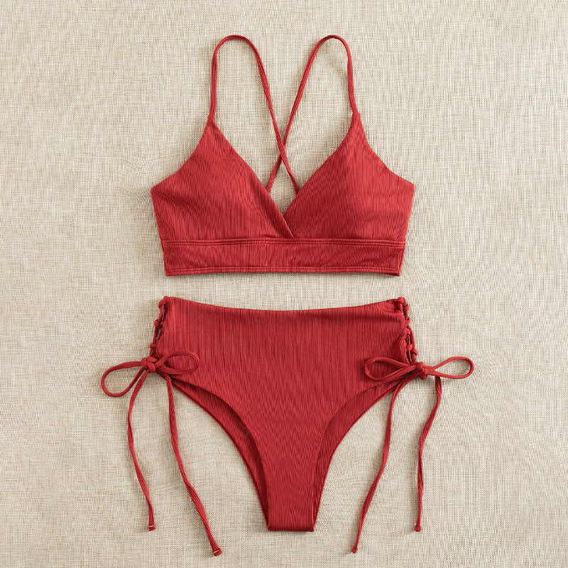 New European and American Swimwear Women Cross-border Solid Color V-neck Sexy Bikini suit High Waist Drawstring Split Swimsuit