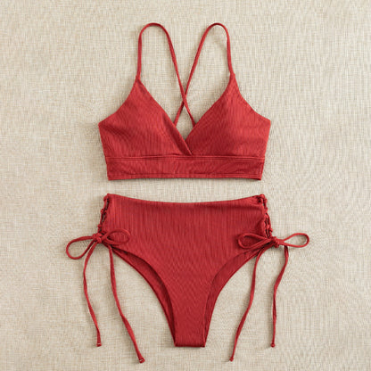 New European and American Swimwear Women Cross-border Solid Color V-neck Sexy Bikini suit High Waist Drawstring Split Swimsuit