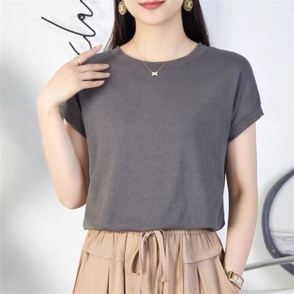Tiktok batwing sleeve t-shirt women's round neck summer solid color simple small flying sleeve casual all-match loose short sleeve t-shirt women