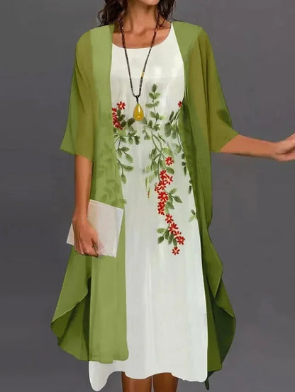 2024 European and American Amazon Summer Women's Casual dress Two-Piece Flower-Print Round Neck Slim-Fit Dress Women