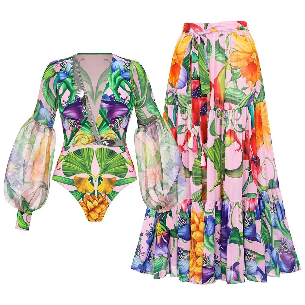 2024 Swimwear Cross-border Explosions Deep V-neck Lantern Long-sleeved Seaside Holiday Printed One-piece Swimsuit suit Women's 25153