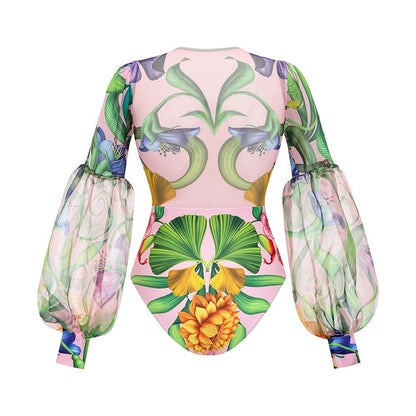 2024 Swimwear Cross-border Explosions Deep V-neck Lantern Long-sleeved Seaside Holiday Printed One-piece Swimsuit suit Women's 25153