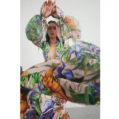 2024 Swimwear Cross-border Explosions Deep V-neck Lantern Long-sleeved Seaside Holiday Printed One-piece Swimsuit suit Women's 25153