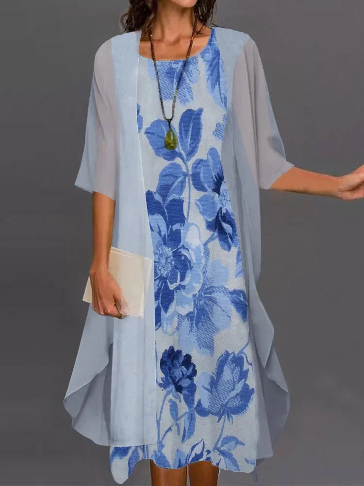 2024 European and American Amazon Summer Women's Casual dress Two-Piece Flower-Print Round Neck Slim-Fit Dress Women